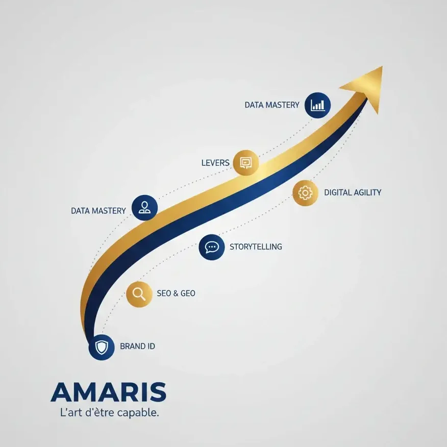 nfographie de l'agence digitale Amaris présentant les piliers de la performance : Brand ID, SEO & GEO, Storytelling et Data Mastery à Casablanca.